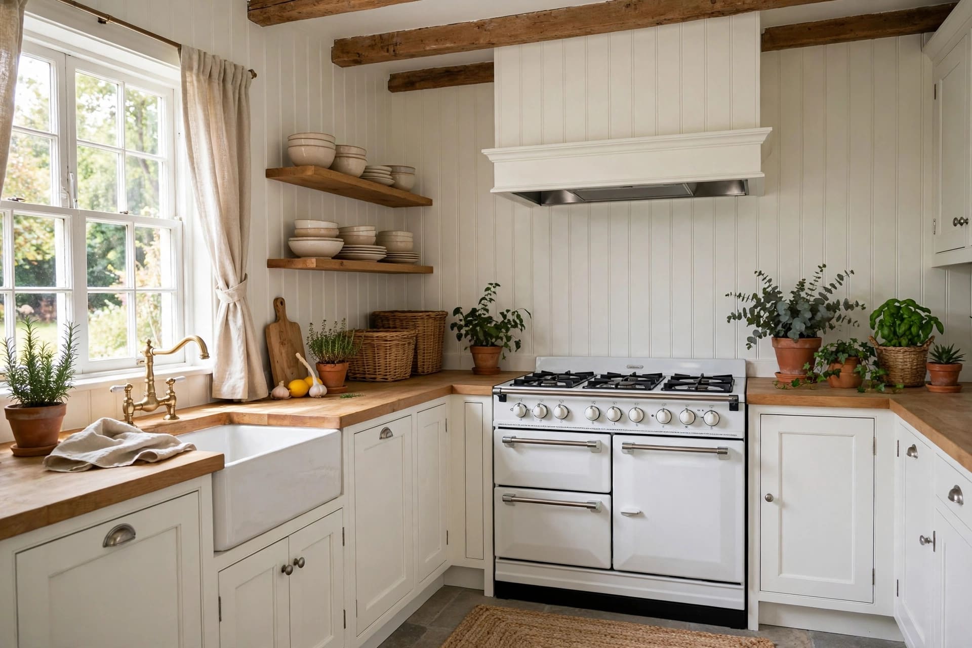 cottage kitchen: range cooker with copper pans and a tiled splashback