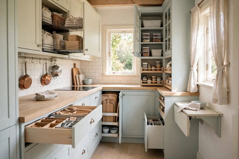 cottage kitchen: gingham curtains and herbs on a sunny windowsill