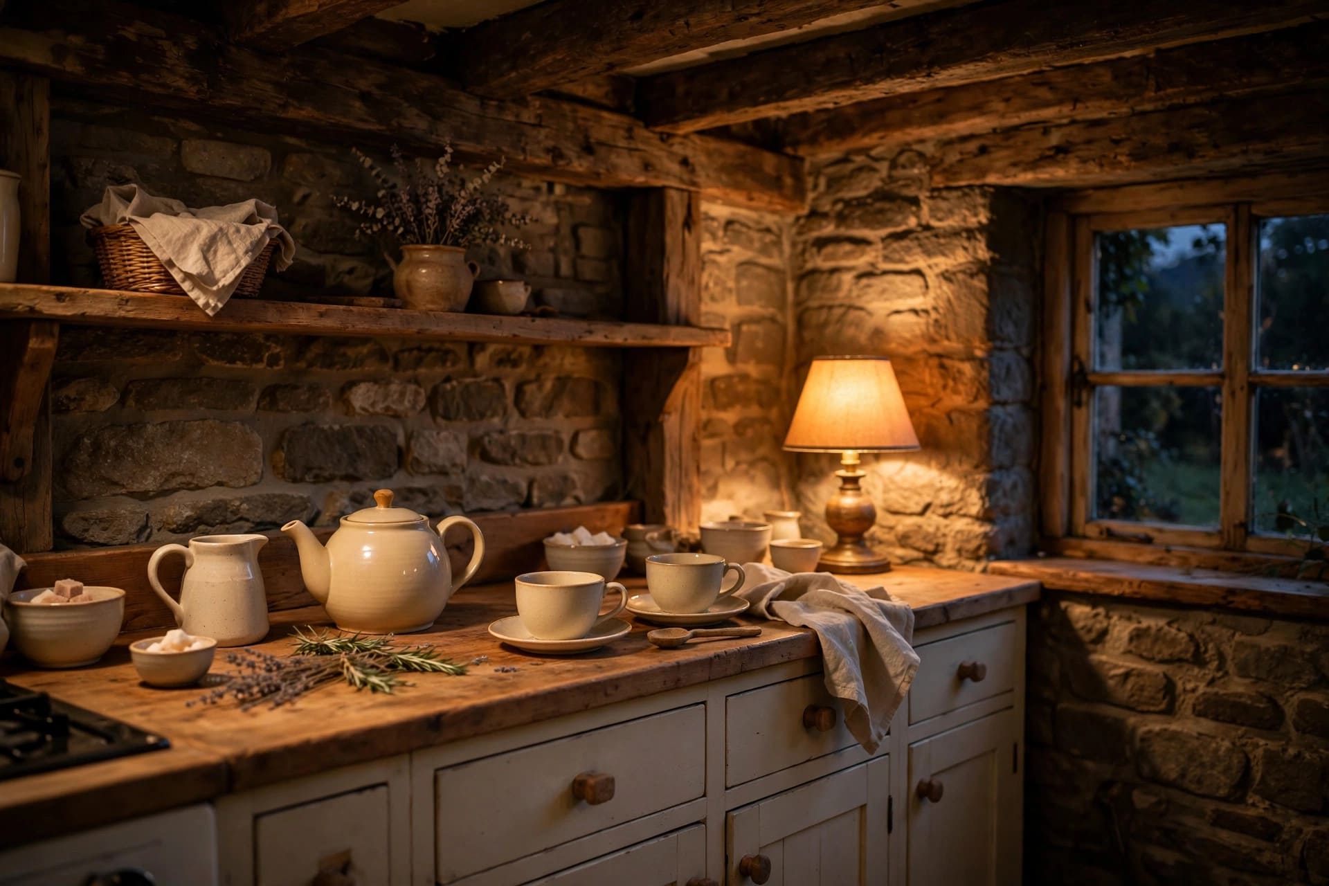 cottage kitchen: plate rack and enamelware above a wooden worktop