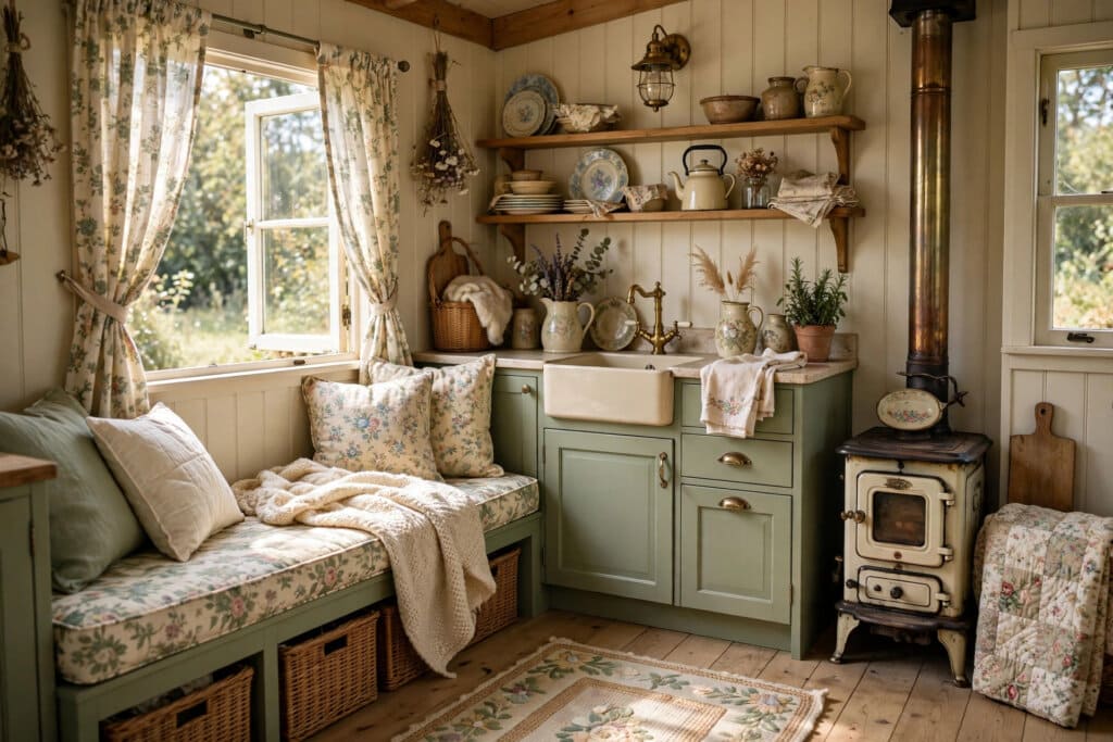 cottagecore tiny house with cream walls, sage and rose accents, florals and vintage furniture in a cosy small room