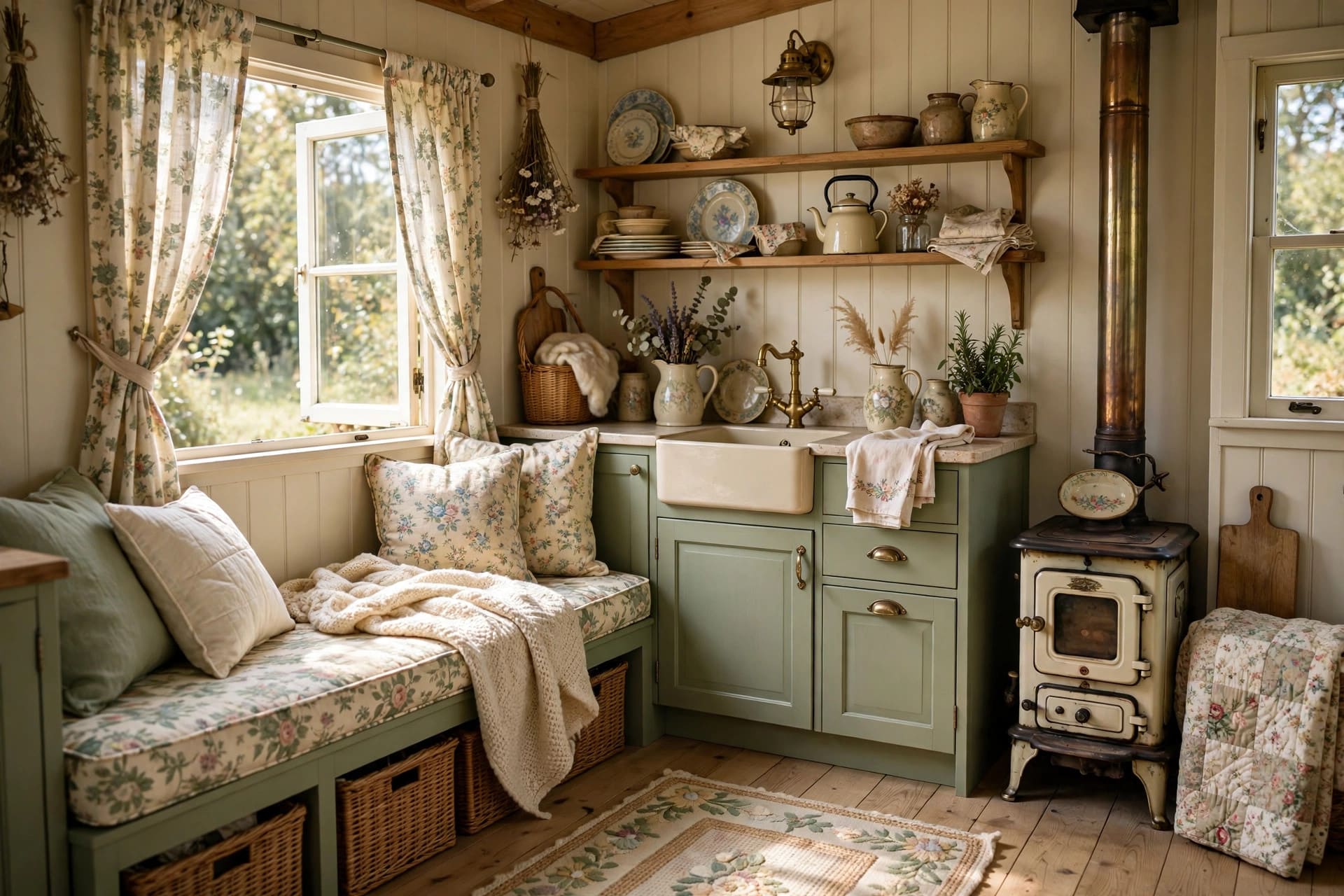 cottagecore tiny house with cream walls, sage and rose accents, florals and vintage furniture in a cosy small room