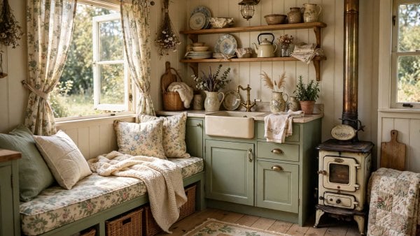 cottagecore tiny house with cream walls, sage and rose accents, florals and vintage furniture in a cosy small room