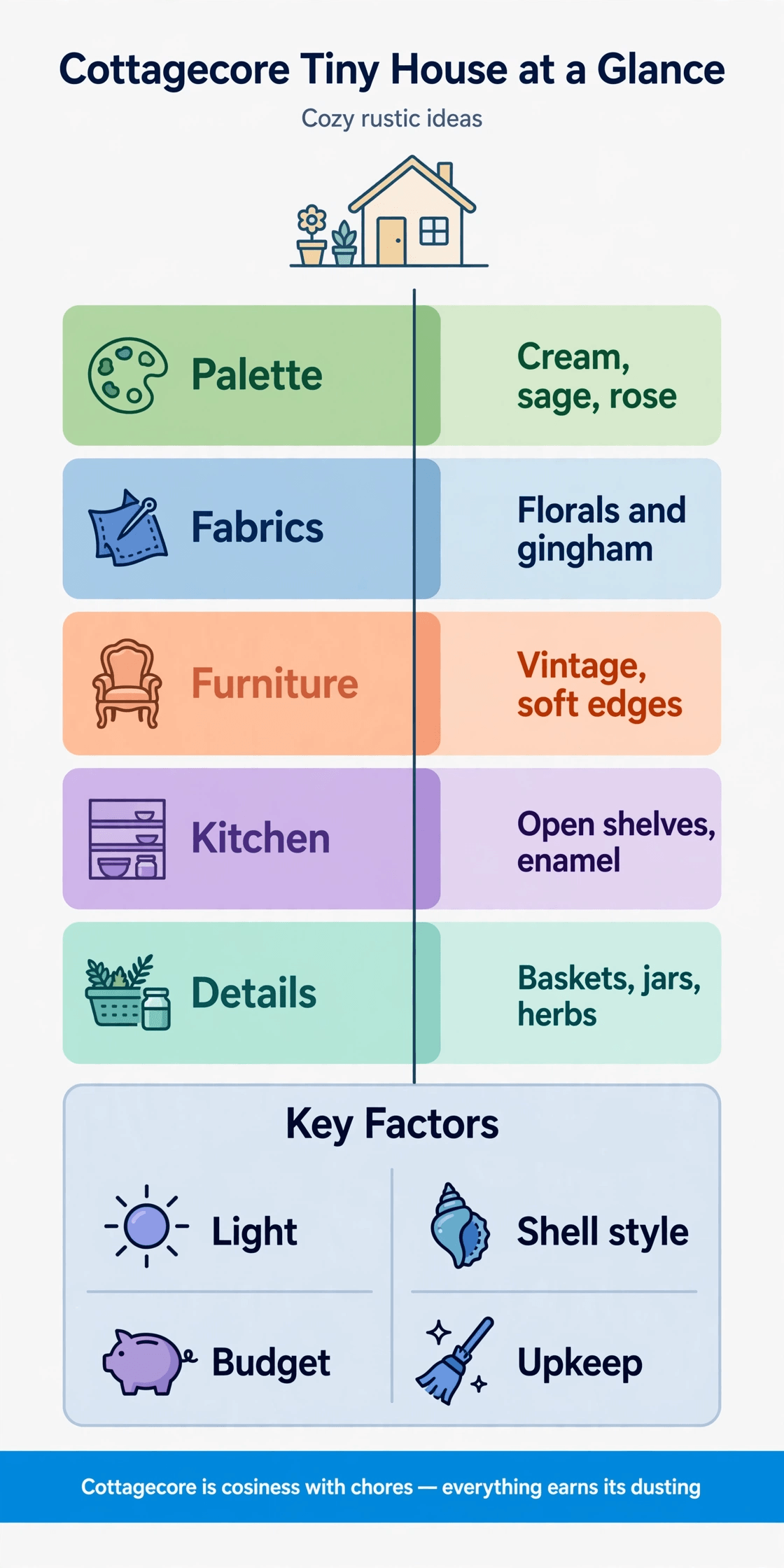 cottagecore tiny house infographic with palette, pattern, kitchen and basket ideas to copy