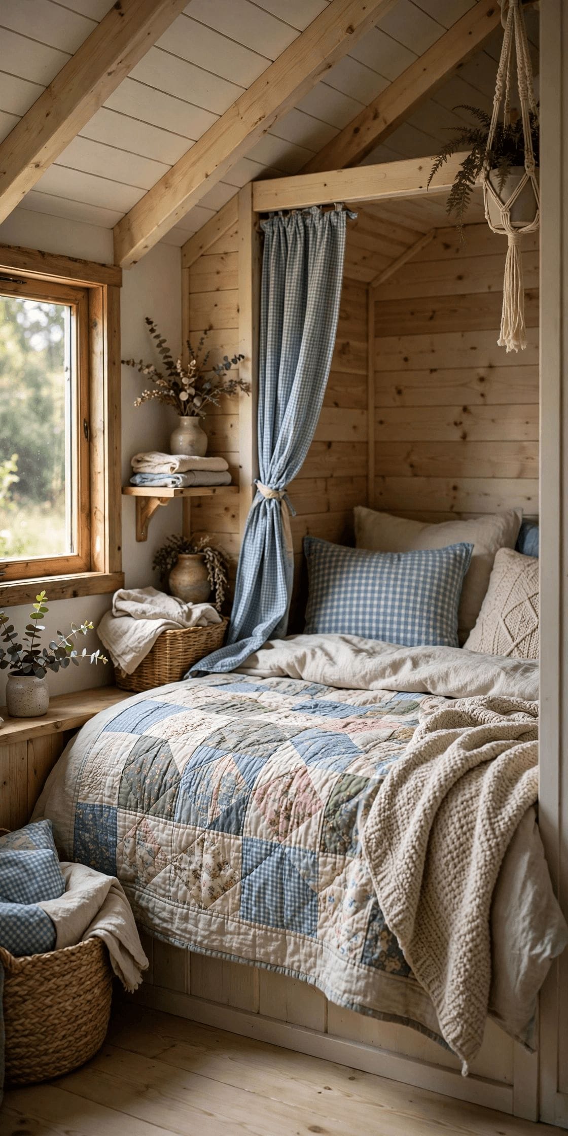 cottagecore tiny house reading corner with a soft-edged vintage chair, floral cushions and a basket of books