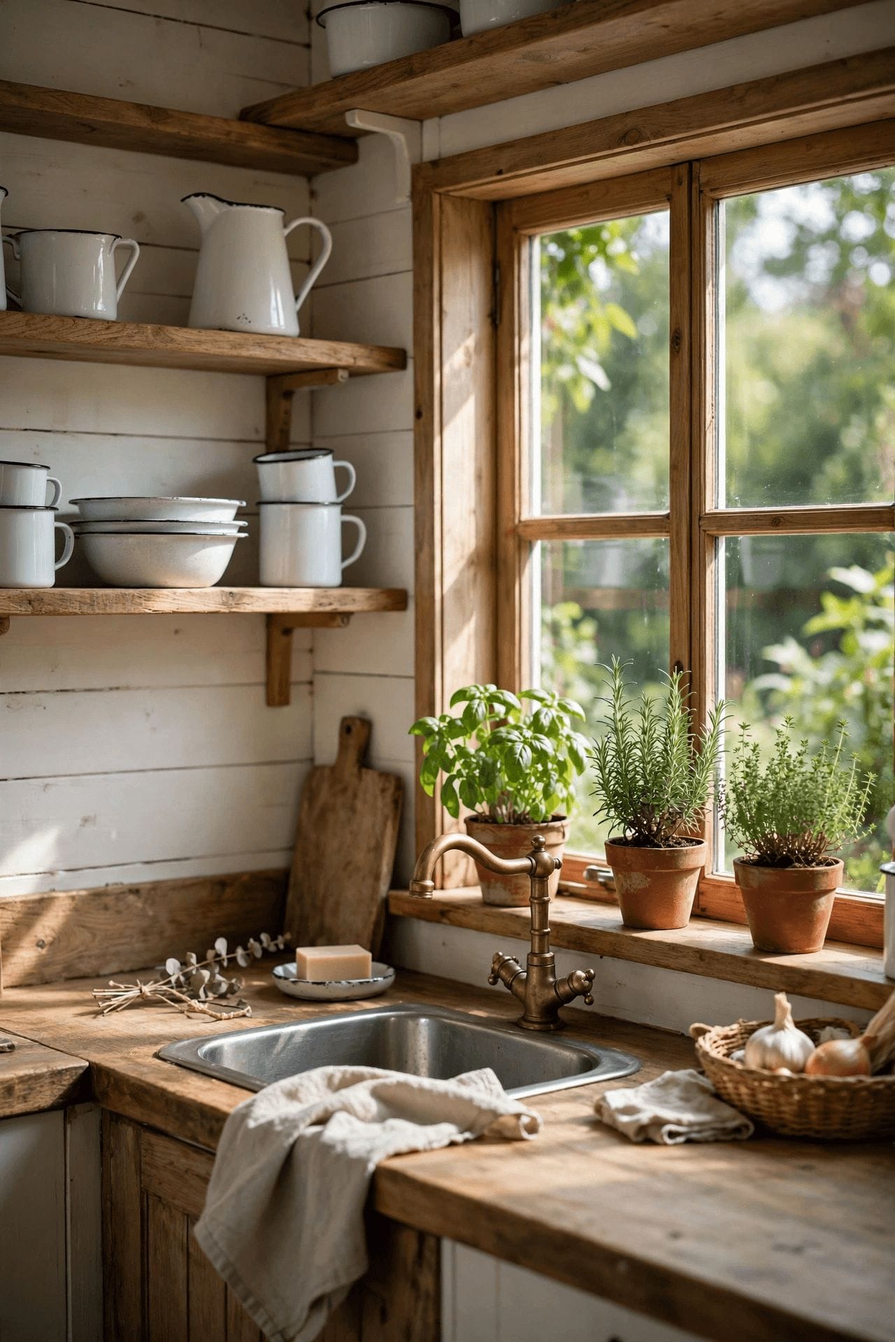 cottagecore tiny house kitchen with open shelves, enamelware, gingham and jars of herbs on a small counter