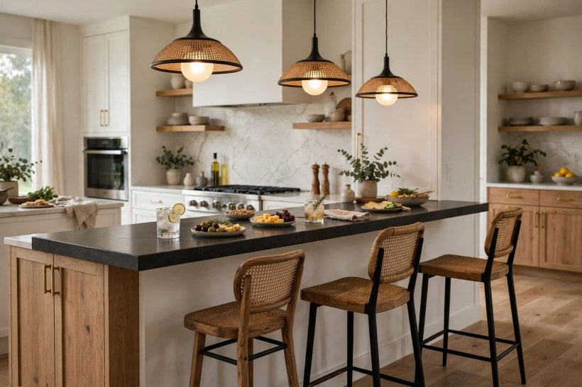 countertop height: raised bar counter with stools tucked beneath