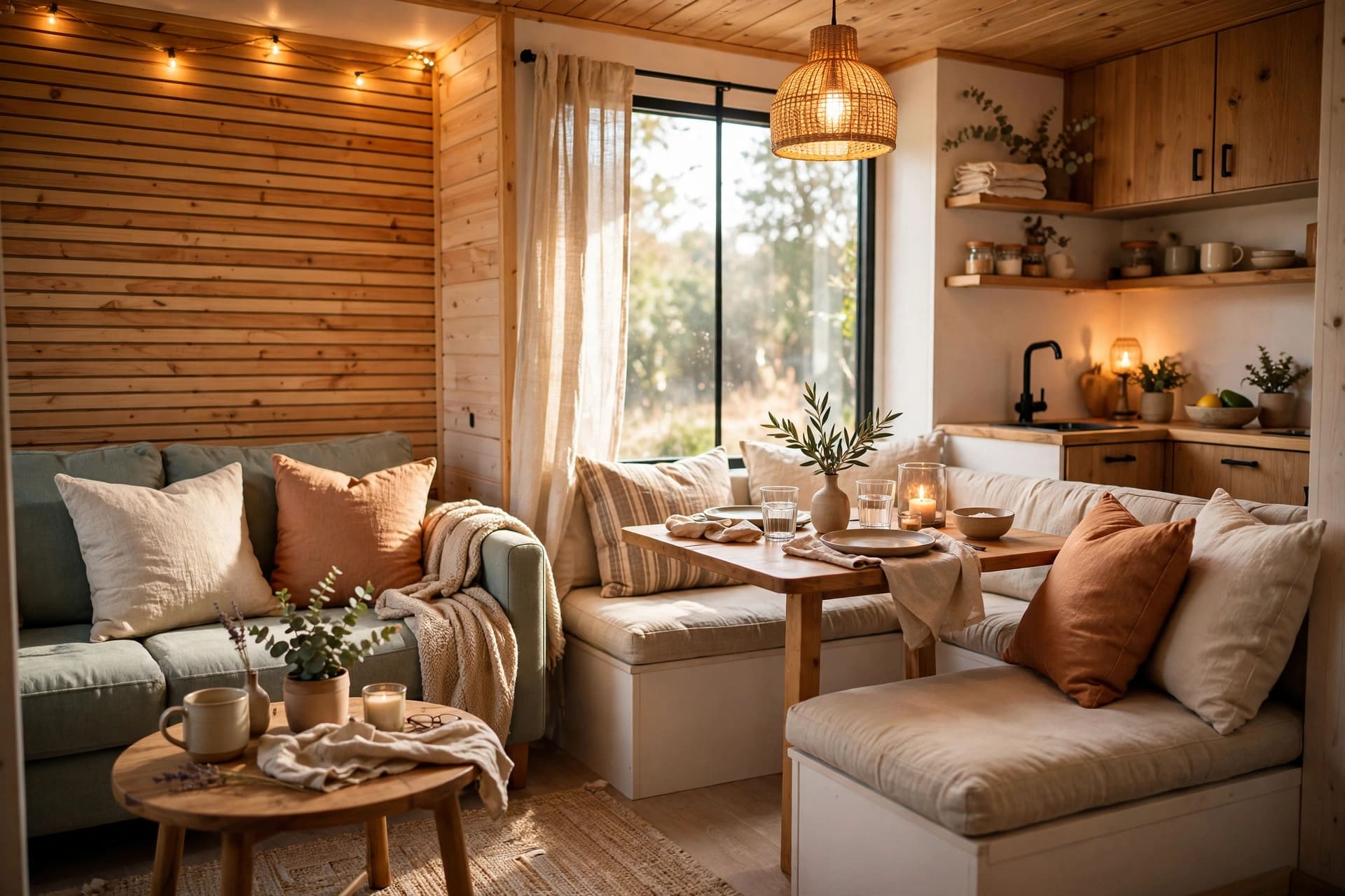 couples tiny house interior showing a cosy double bed with two reading lights in a small home