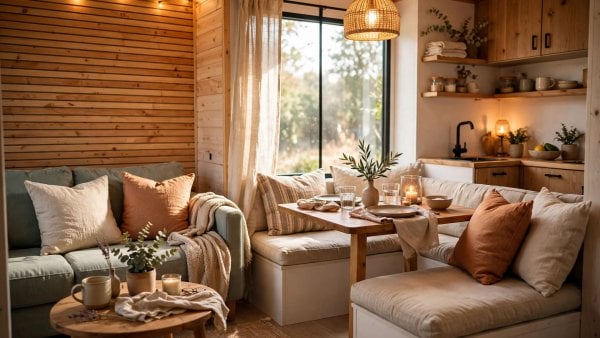 couples tiny house interior showing a cosy double bed with two reading lights in a small home