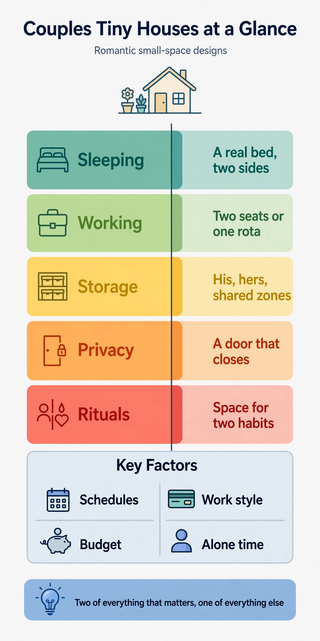 couples tiny house interior infographic summarising shared sleeping, working and storage ideas for two people