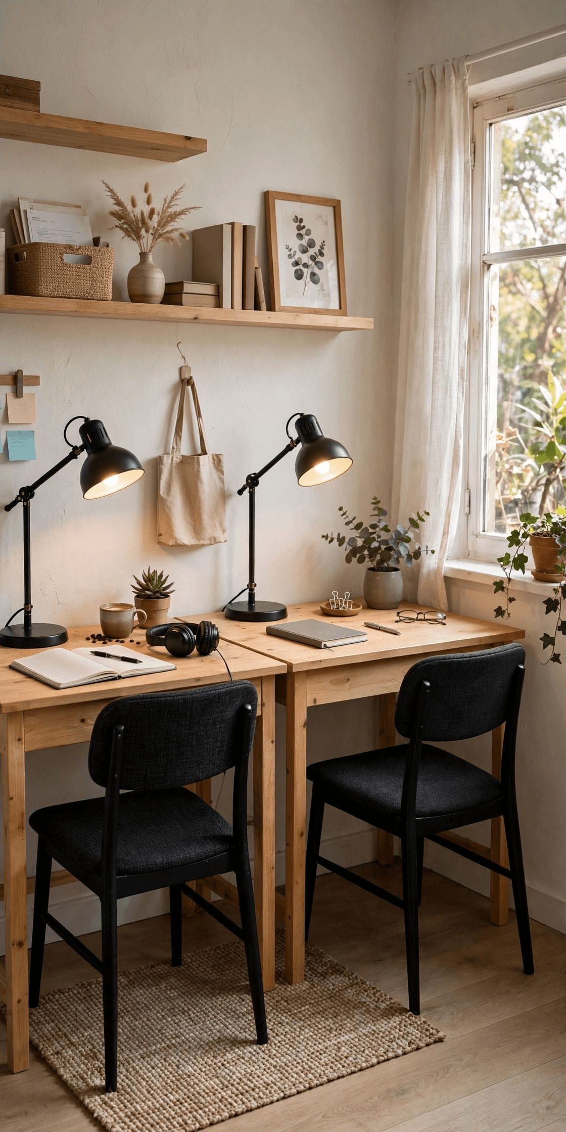 couples tiny house interior showing two compact work seats and shared storage in a small living space