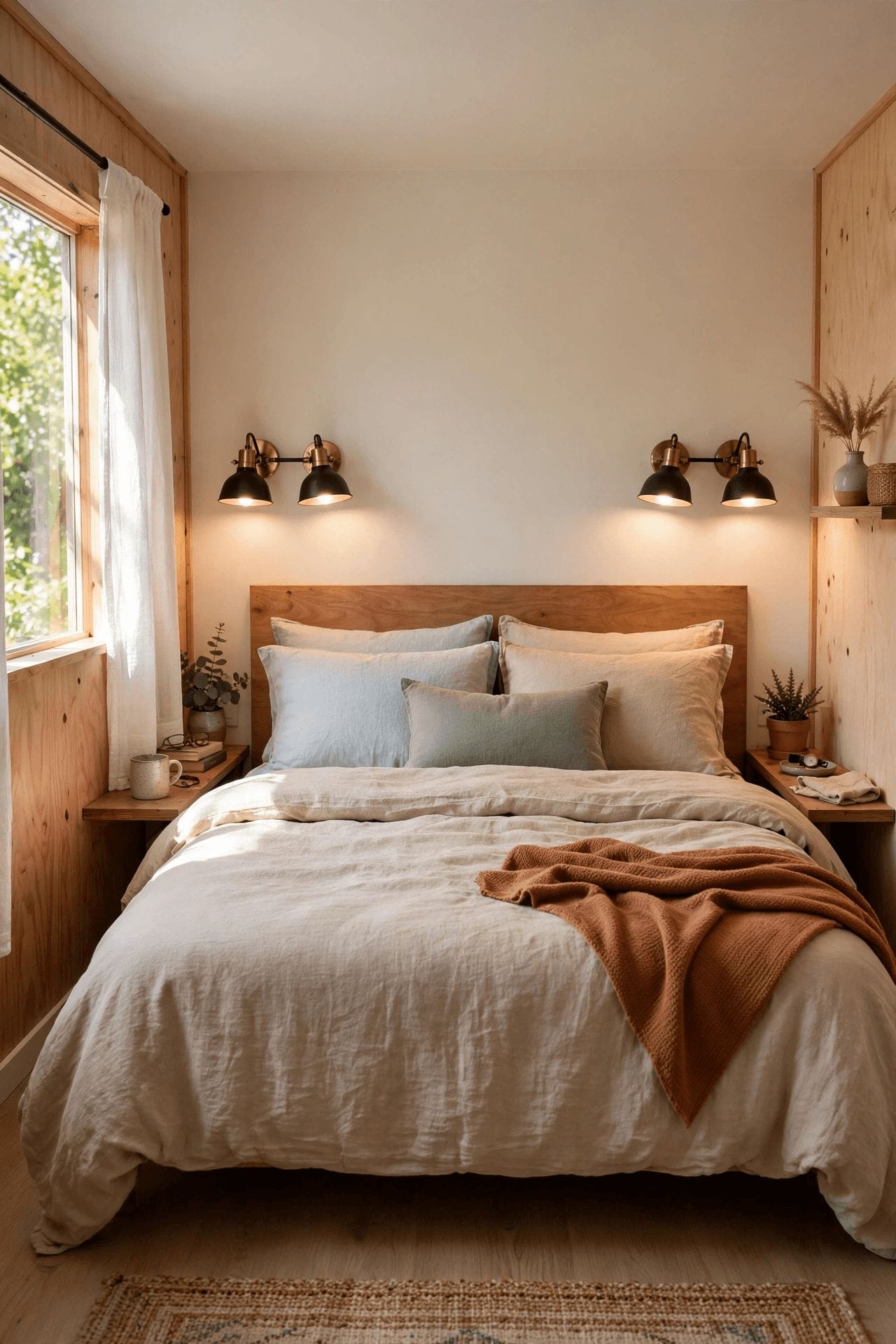 couples tiny house interior with a real bed, two bedside shelves and warm evening lighting for two