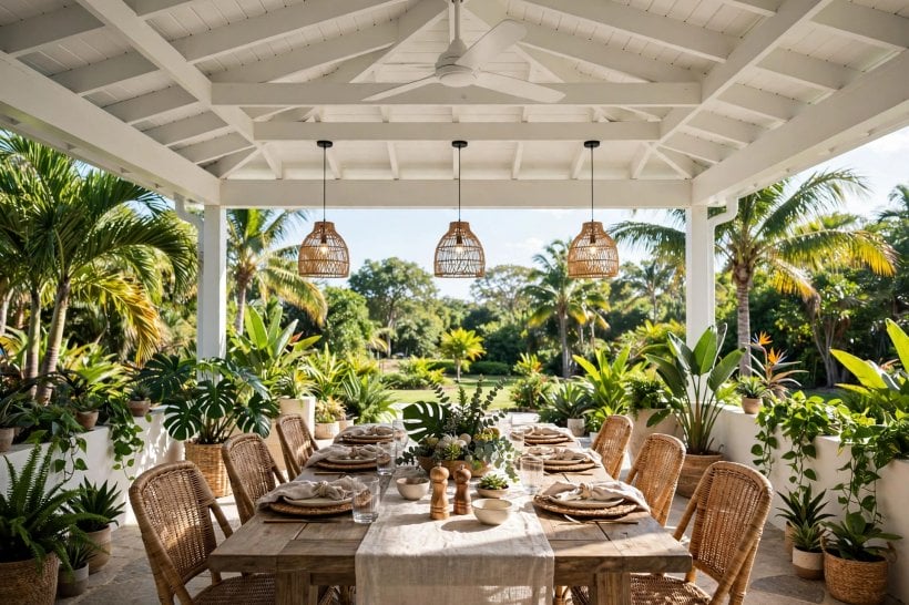 outdoor lanai designs: zoned seating and dining layout under a solid roof