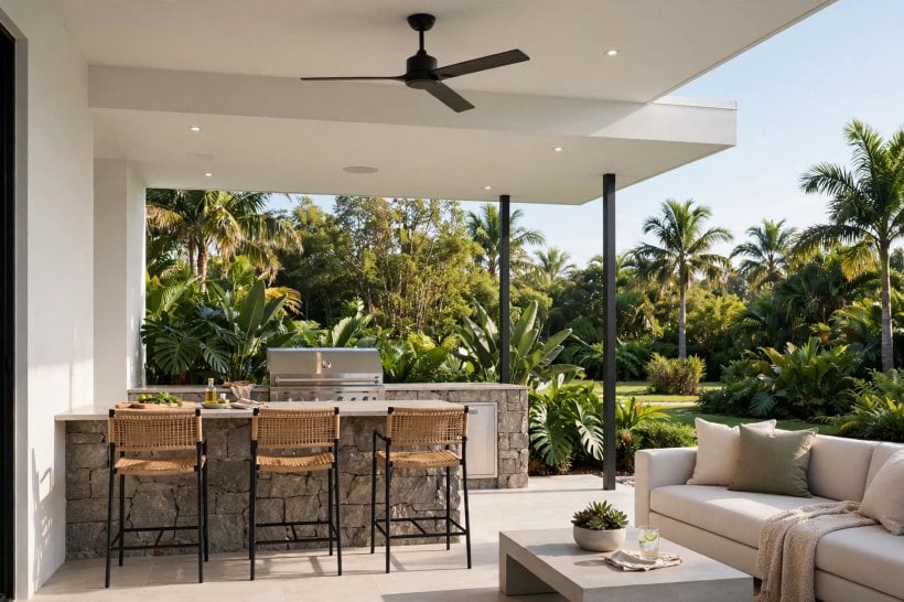 outdoor lanai designs: ceiling fan and layered evening lighting