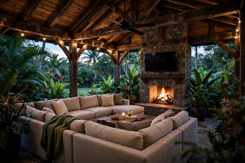 outdoor lanai designs: lounge furniture with a compact outdoor kitchen