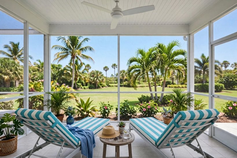 outdoor lanai designs: potted plants and soft finishing touches