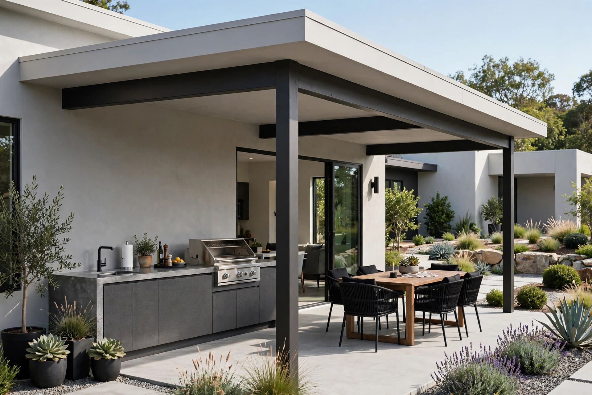 covered patio ideas: solid roof extension over a paved seating area
