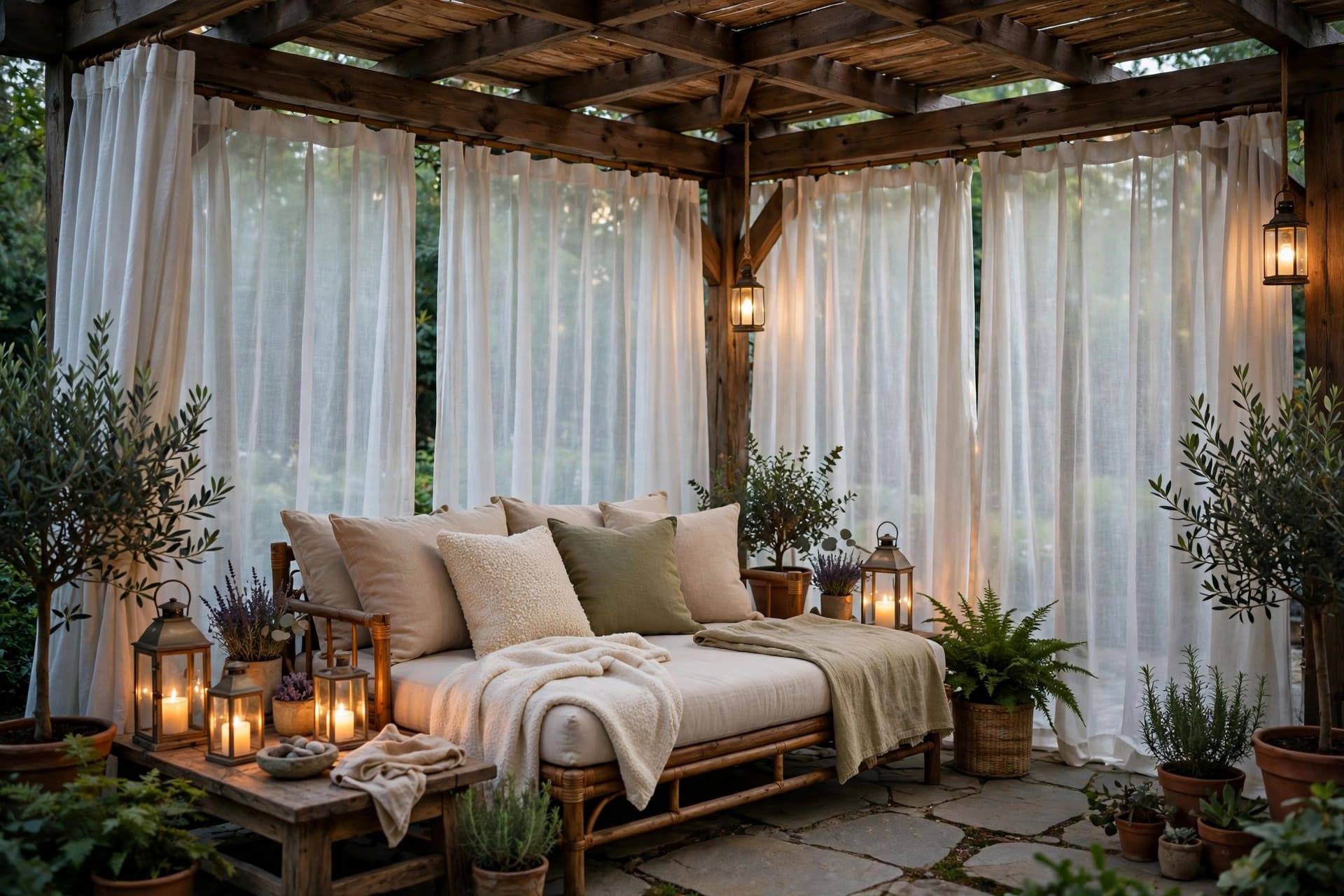 covered patio ideas: outdoor rug, cushions and potted plants in a shaded seating area
