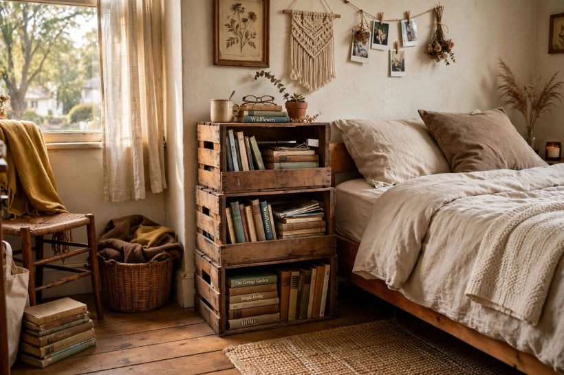 creative bedside tables: a stack of vintage suitcases and a wooden crate beside a bed