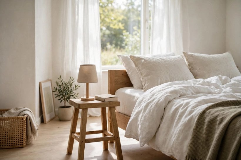 creative bedside tables: a floating shelf and a wall-mounted drawer as bedside storage