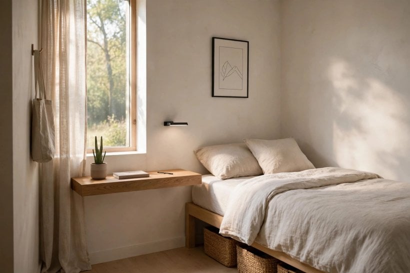creative bedside tables: a simple wooden stool holding books and a lamp beside the bed