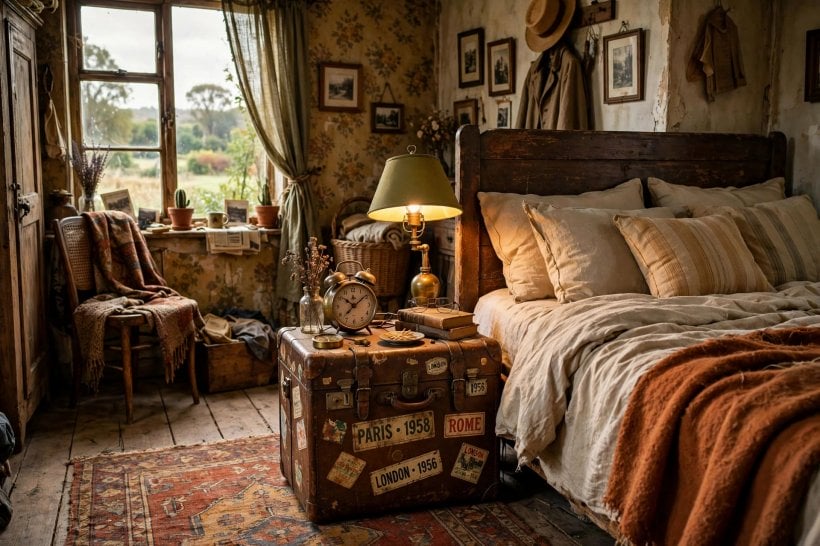 creative bedside tables: a leaning ladder shelf with baskets beside the bed