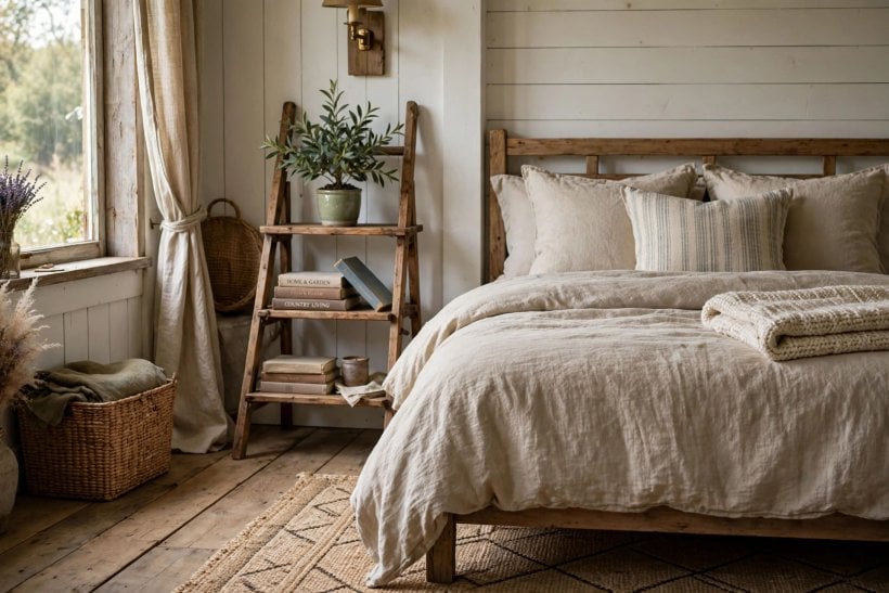 creative bedside tables: a wooden ladder shelf beside a rustic bed holding a potted plant and stacked books