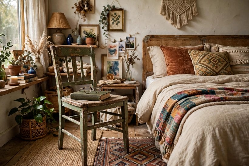 creative bedside tables: a small rolling cart styled as a bedside table
