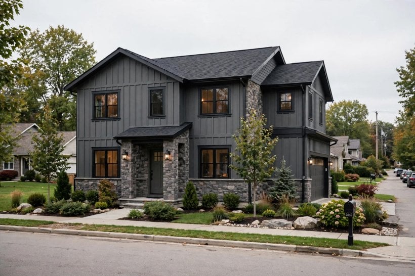 dark grey house: charcoal siding with crisp white trim