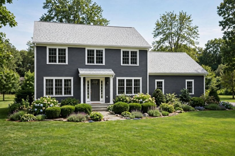 dark grey house: soft off-white trim and window frames