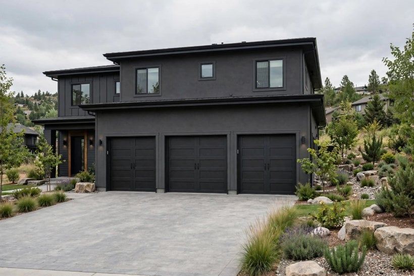 dark grey house: natural wood front door against grey siding