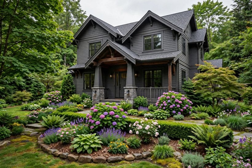 dark grey house: stone cladding and cedar accents with grey boards