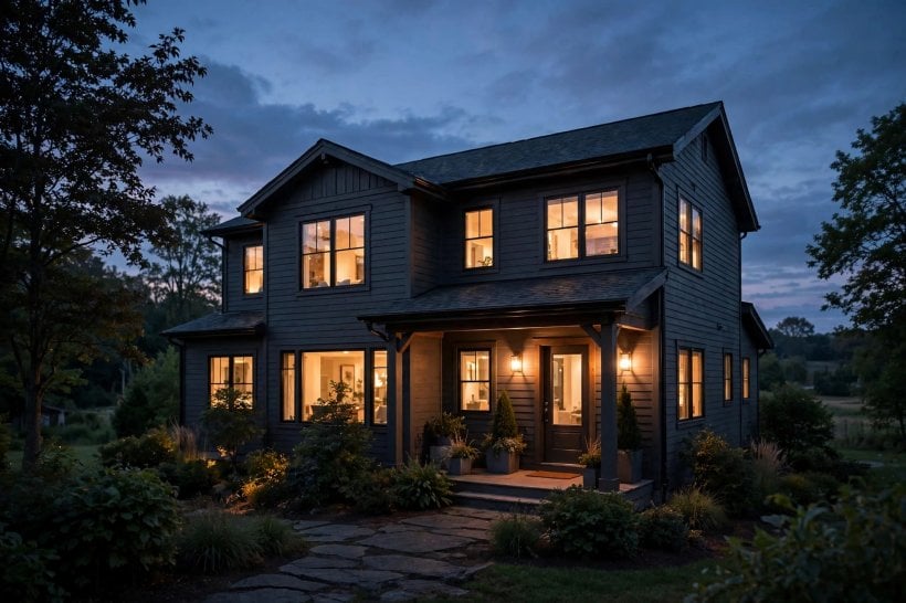 dark grey house: green planting and pale gravel softening grey walls