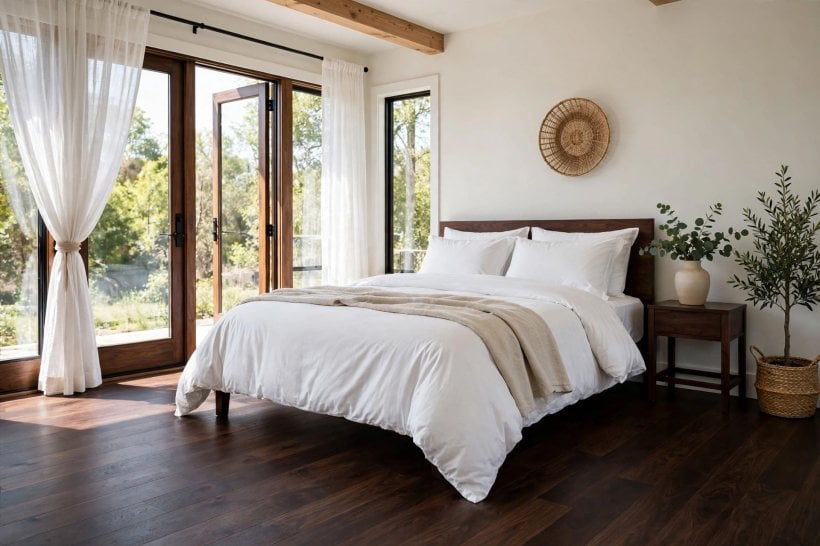 dark hardwood floors bedroom: a centred bed with clear walkways on a dark floor