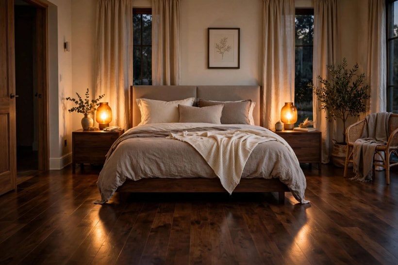 dark hardwood floors bedroom: layered cream bedding against a deep wood floor