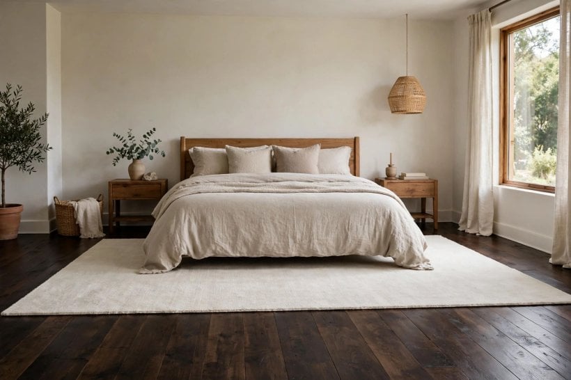 dark hardwood floors bedroom: a large pale rug defining the bed zone