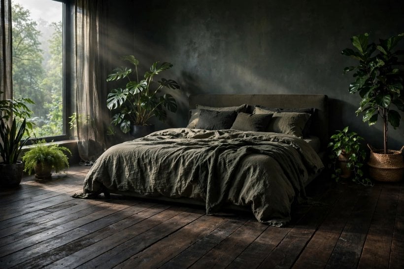 dark hardwood floors bedroom: an upholstered headboard bridging floor and bedding