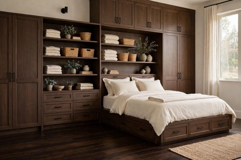 dark hardwood floors bedroom: under-bed drawers and a lidded blanket box