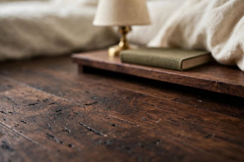 dark hardwood floors bedroom: a small bedroom with a mirror and light layers