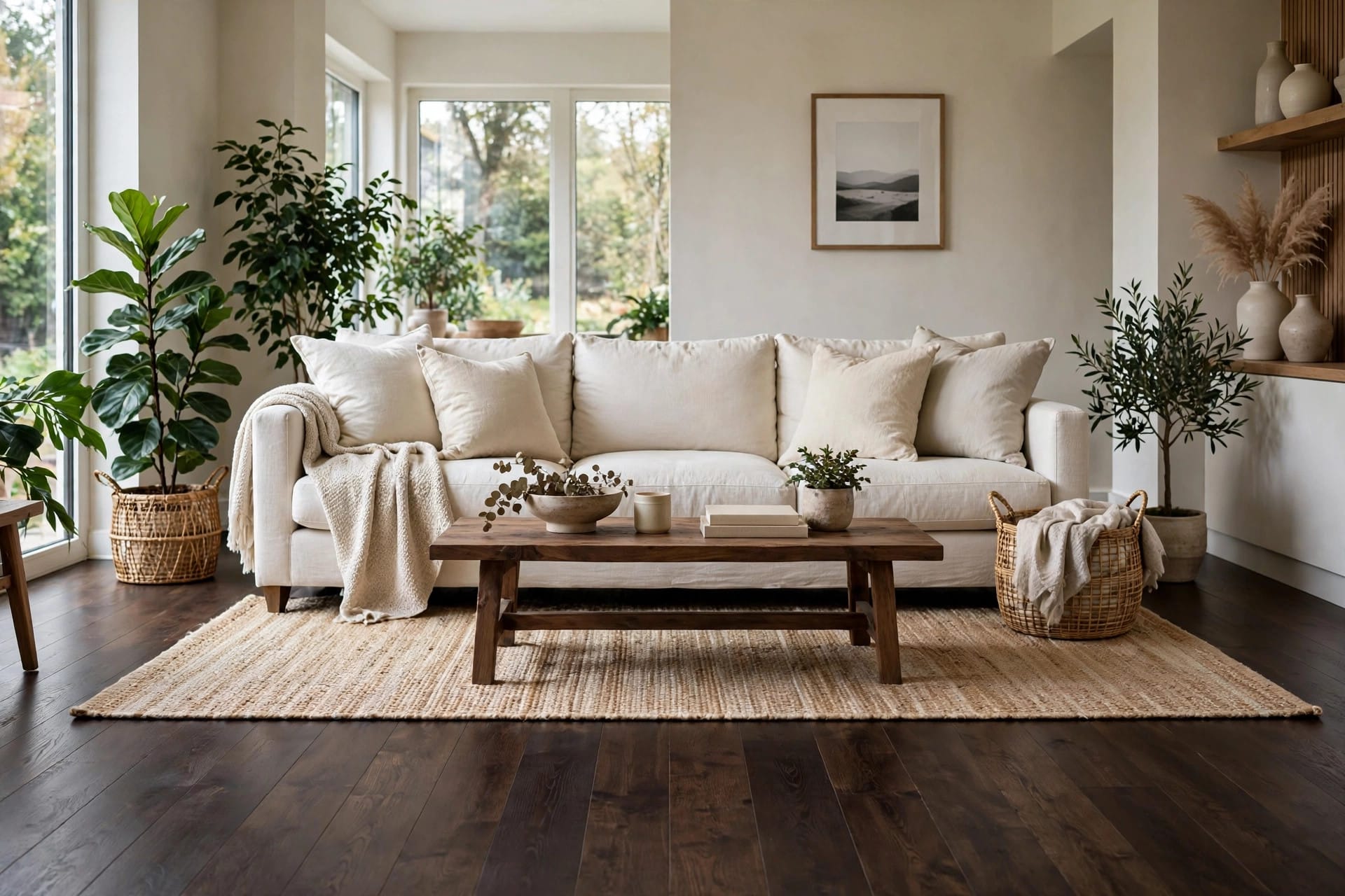 dark wood floors: living room layout with a pale rug and seating gathered around a coffee table