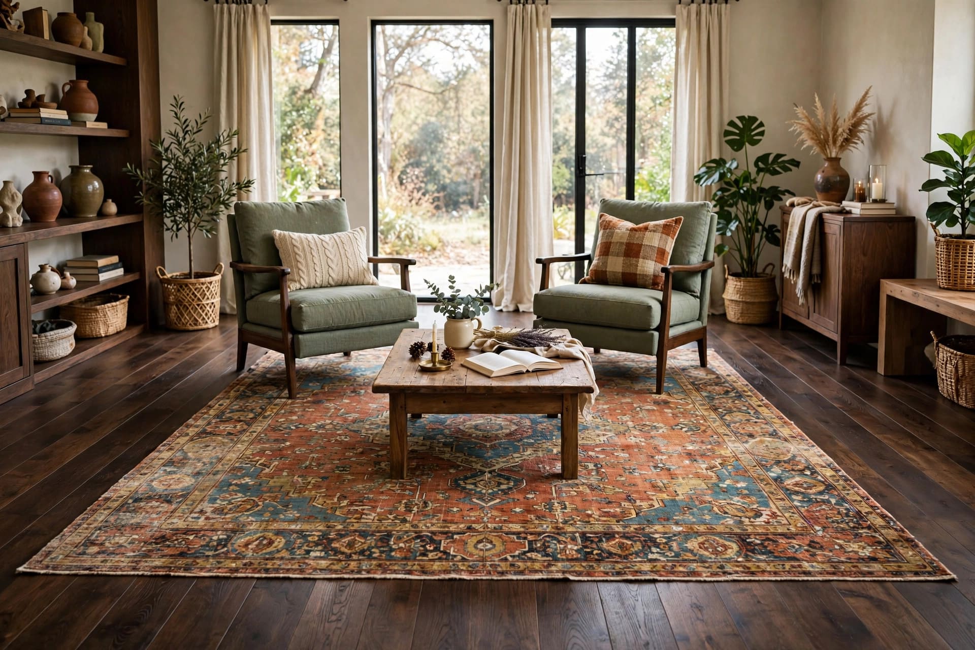 dark wood floors: warm white walls and a green accent chair above deep timber boards