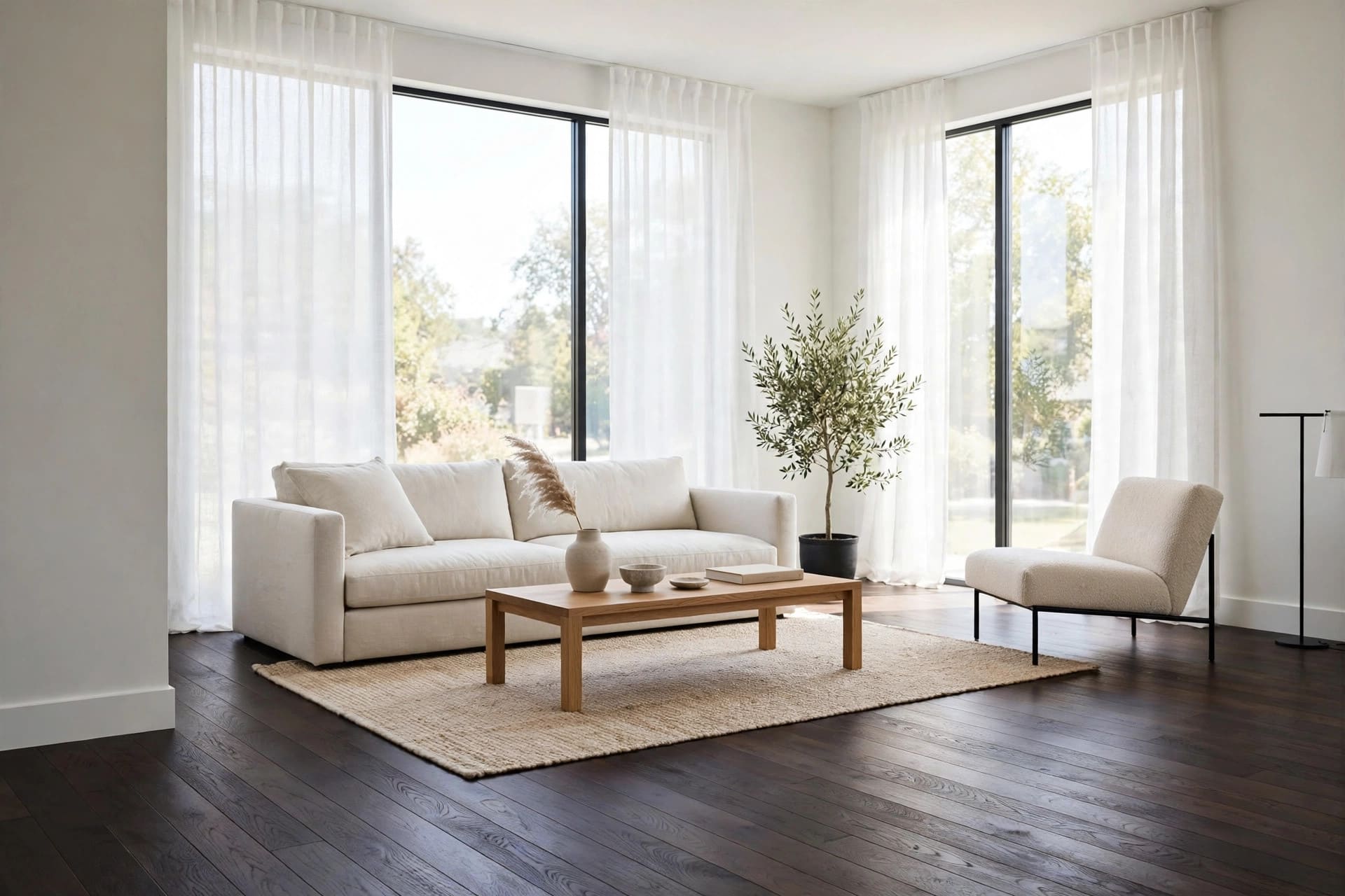 dark wood floors: layered rugs, cushions and a knitted throw softening a seating area