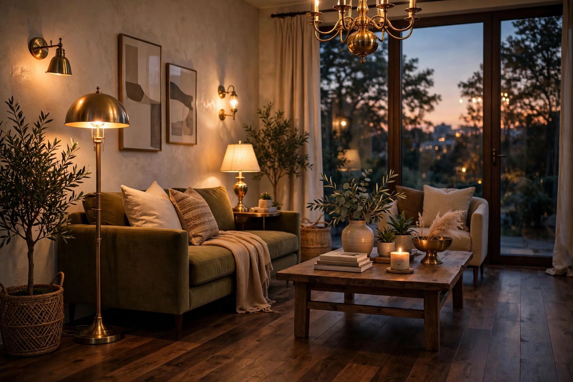 dark wood floors: layered lighting with table lamps, a floor lamp and a warm ceiling light