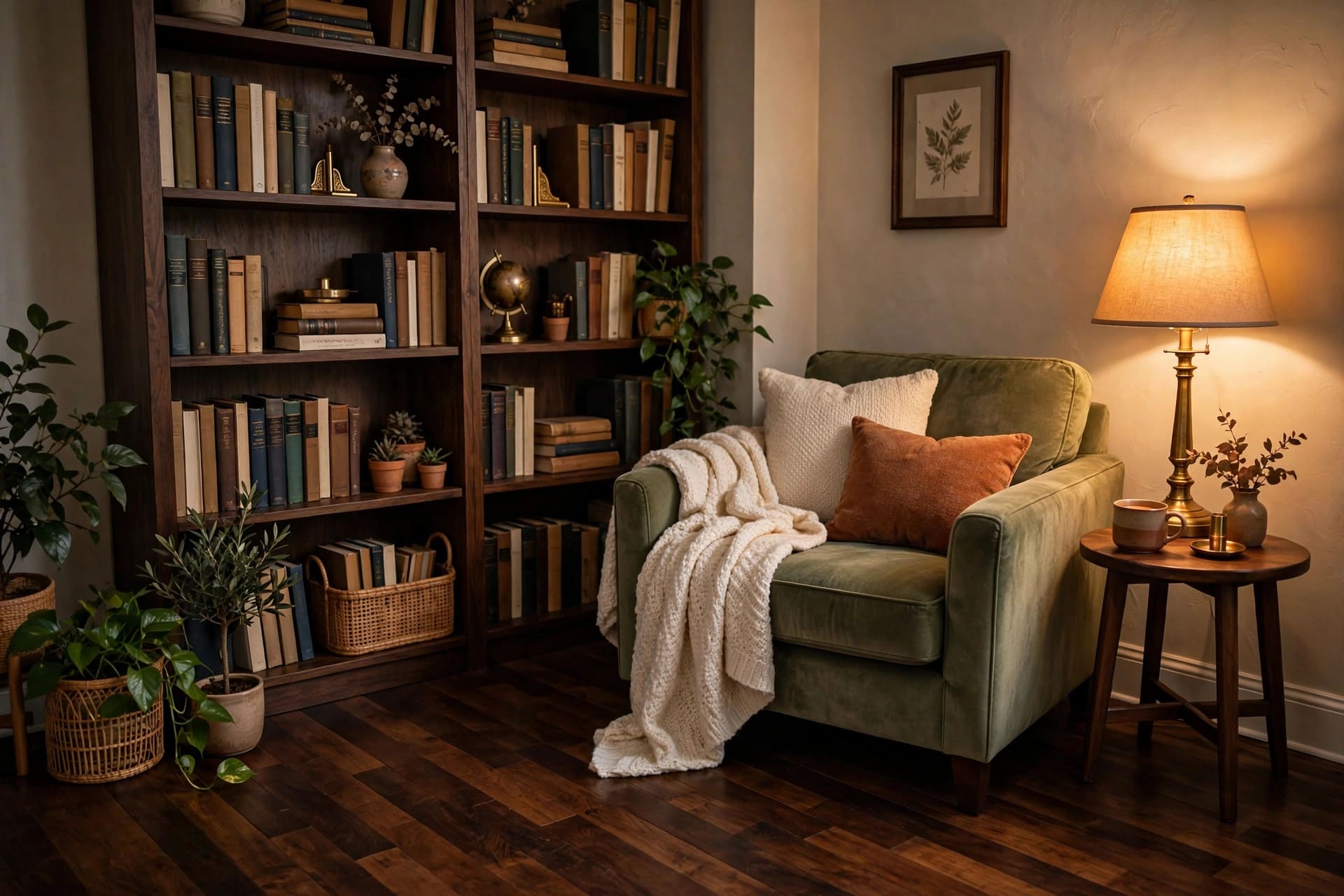 dark wood floors: built-in shelves and a media wall in a contrasting painted finish