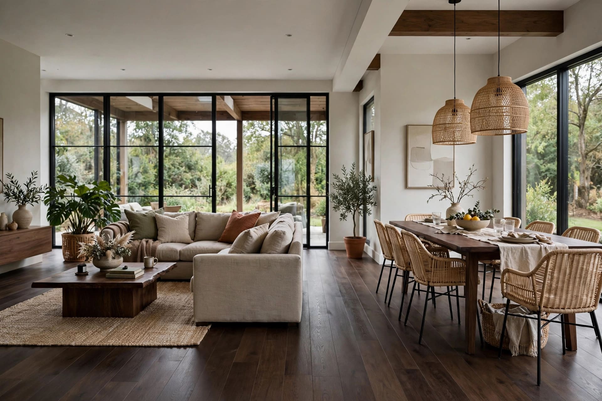 dark wood floors: styled living room mixing leather, plants and mid-century furniture