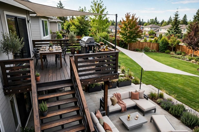 deck and patio combo: wide shallow steps joining a raised deck to a ground-level patio