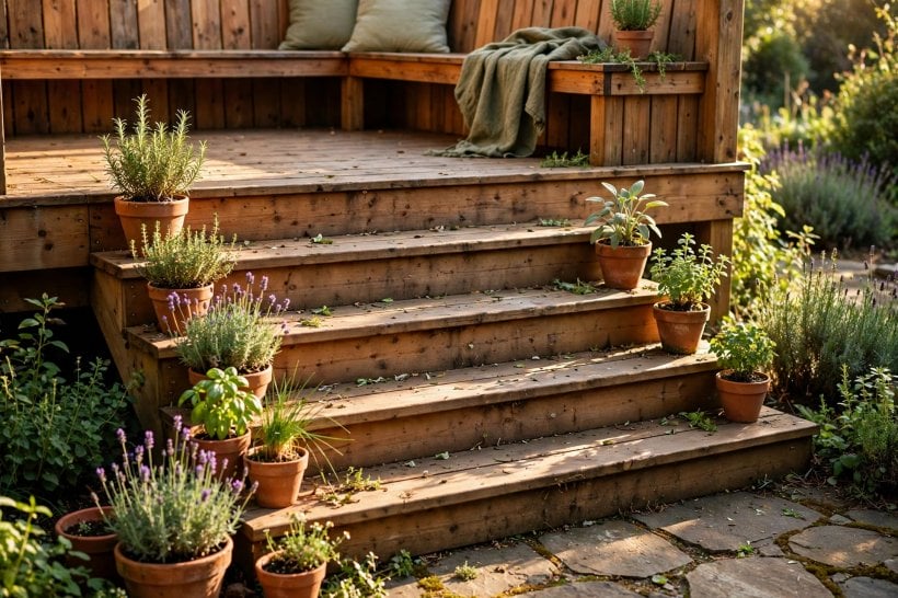 deck and patio combo: stone slabs giving the patio a calm, grounded field