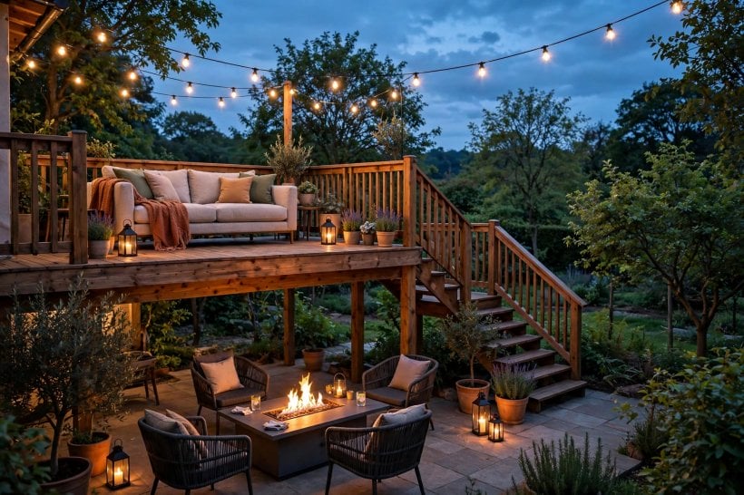 deck and patio combo: planted edge and even steps softening the change of level
