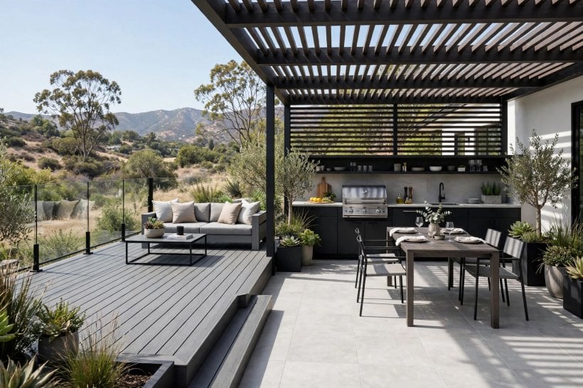 deck and patio combo: pergola shade over the deck with open sky above the patio