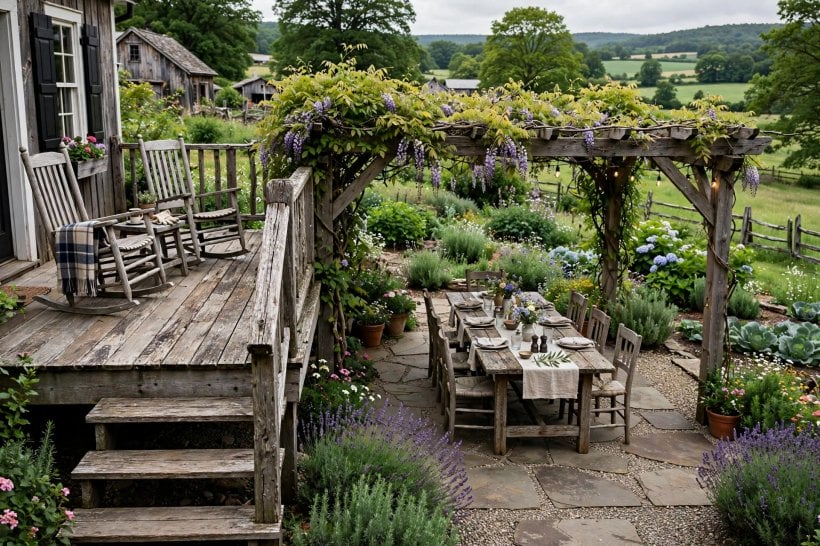 deck and patio combo: dining on the deck with cooking set on the patio below