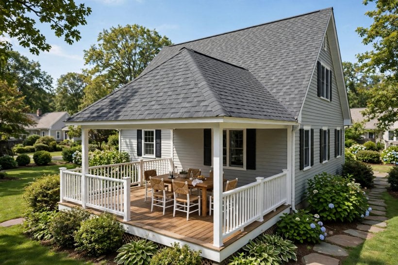 deck roof ideas: a solid pitched cover over a family deck